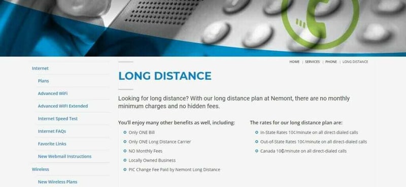 a close up of Nemont's long distance phone service page with breadcrumb navigation