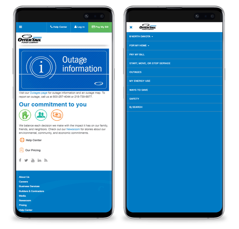 a screenshot of the Ottertail Power Company home page and navigation on mobile view