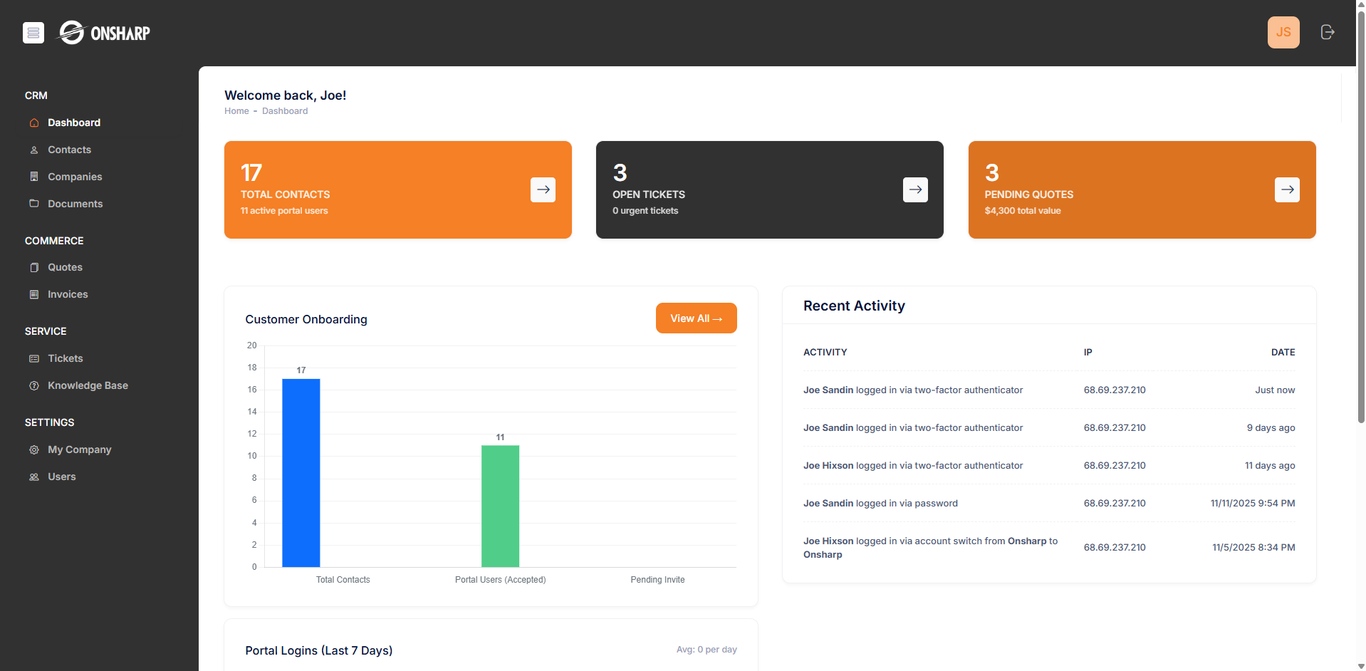 Onsharp Connect Dashboard